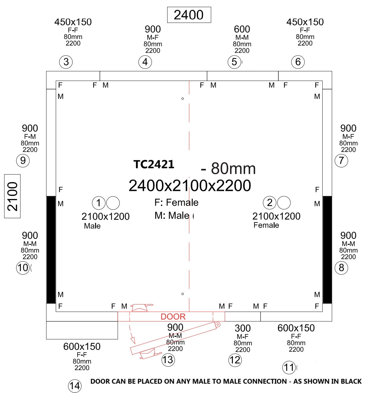 Chill/Freezer Room 2400 x 2100 x 2200mm |8.9m3| Room Only| 80mm