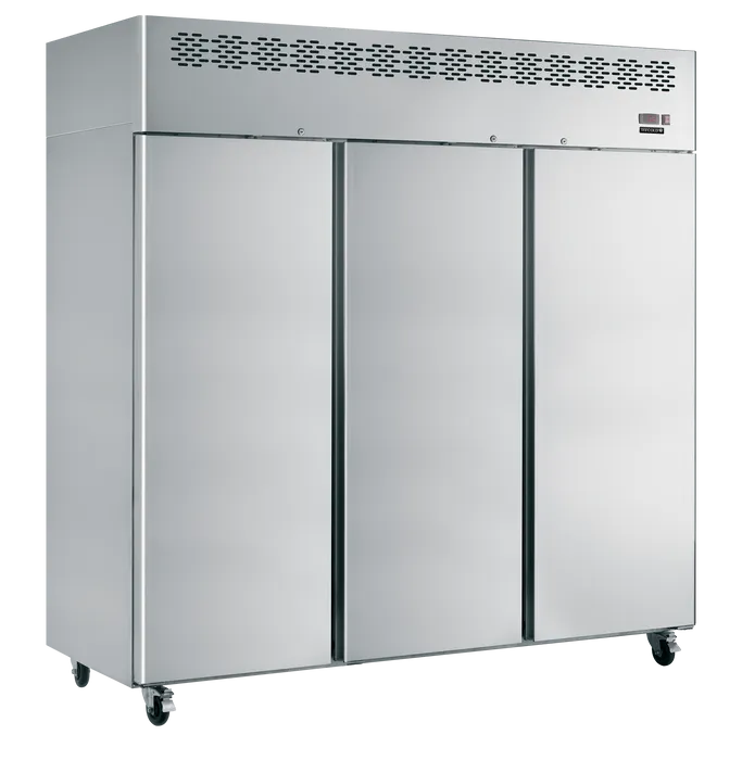 Commercial refrigerator with stainless steel doors on a white background