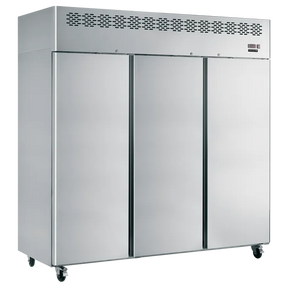 Commercial refrigerator with stainless steel doors on a white background
