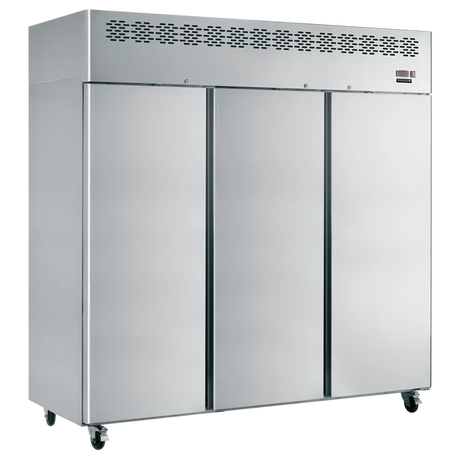 Commercial refrigerator with stainless steel doors on a white background