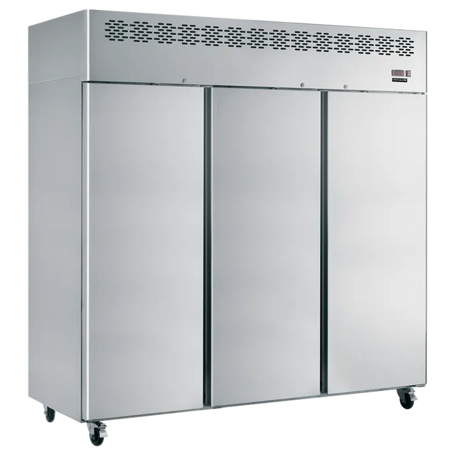 Commercial refrigerator with stainless steel doors on a white background