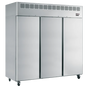 Commercial refrigerator with stainless steel doors on a white background